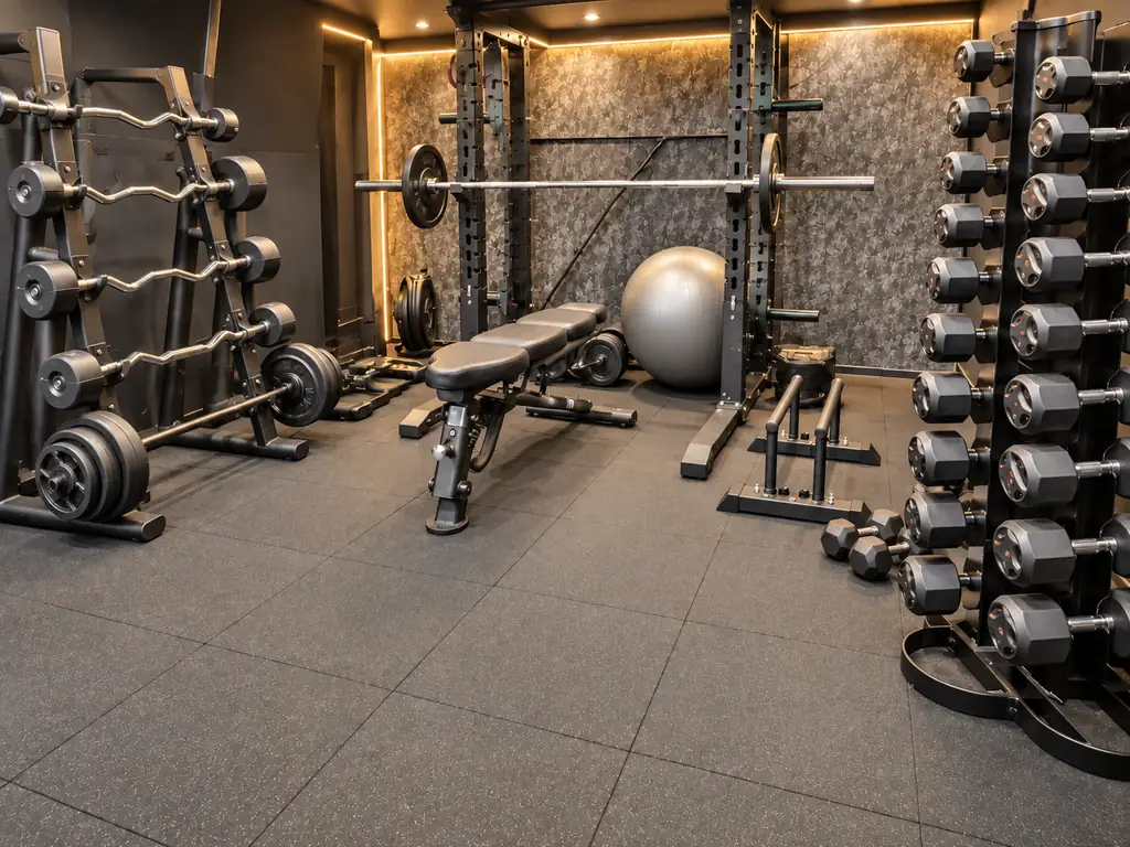 Krachtzone van een sportschool met zwarte rubber fitnesstegels onder squat rack, halterbank en dumbbellrek