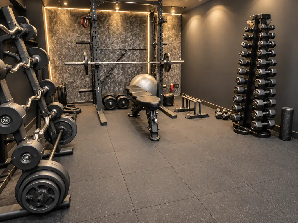 Compacte home gym met zwarte rubber vloertegels onder squat rack, halterbank en dumbbelltoren