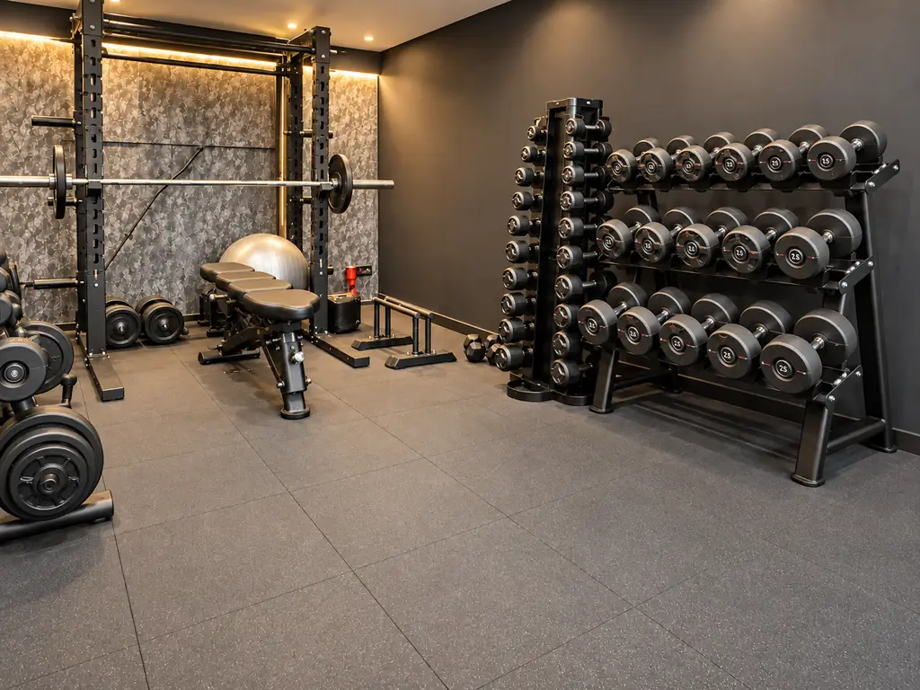 Dumbbellrekken en squat rack op een zwarte rubber vloer voor vrije gewichten